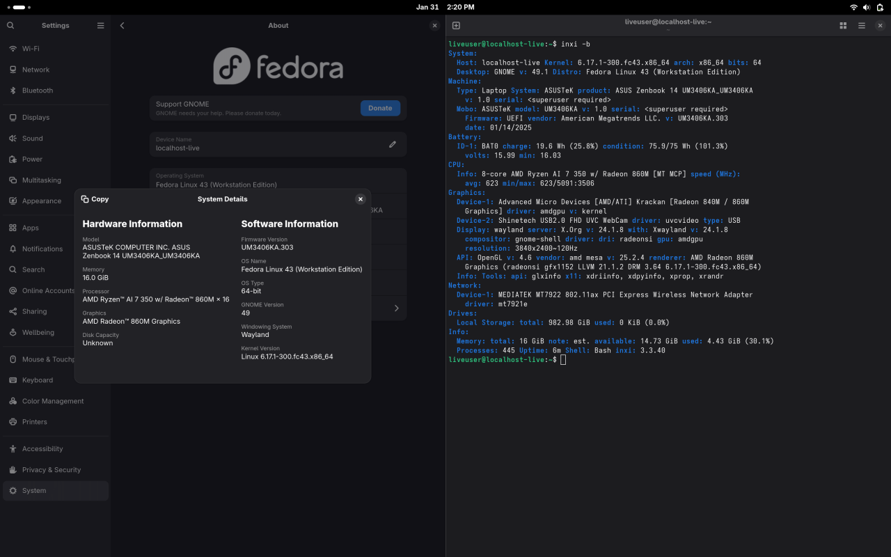 Sceenshot showing Zenbook system details.